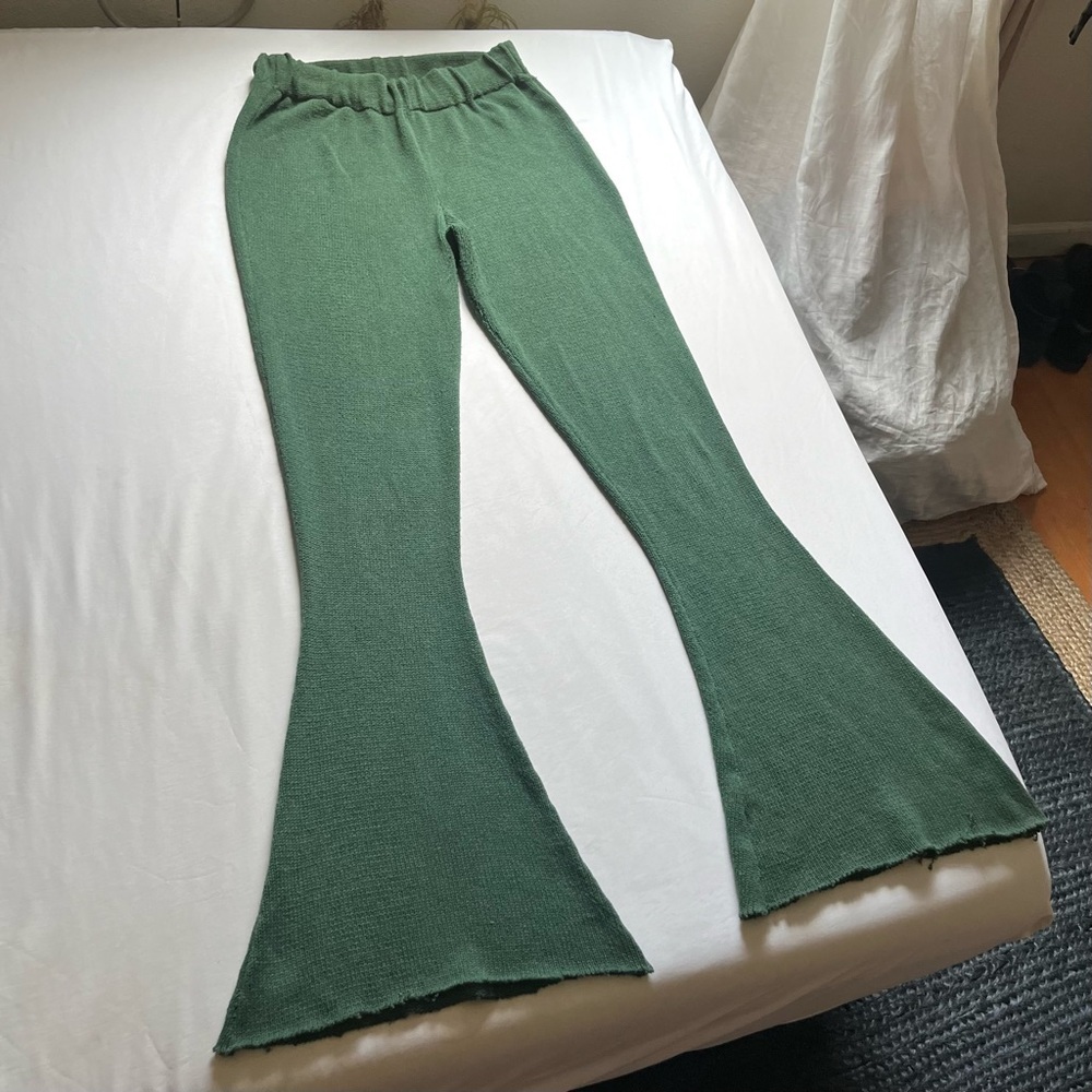 ESKAY‎ green elastic waist knit cropped bell bottoms flare bootcut pants